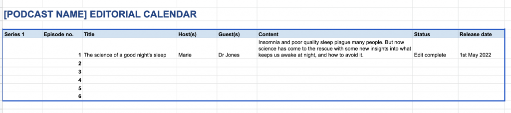 Image of a content calendar for a science podcast
