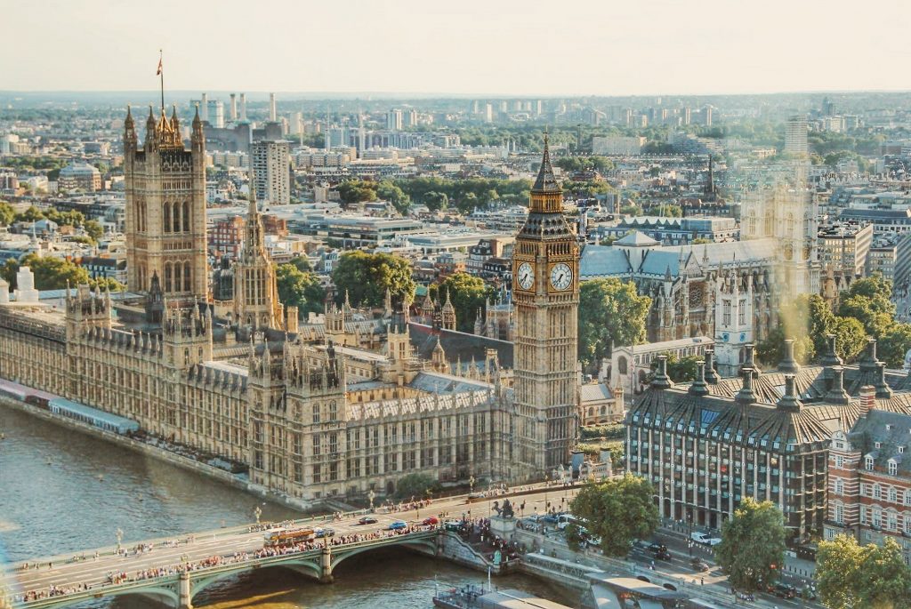 Aerial image of the UK Houses of Parliament